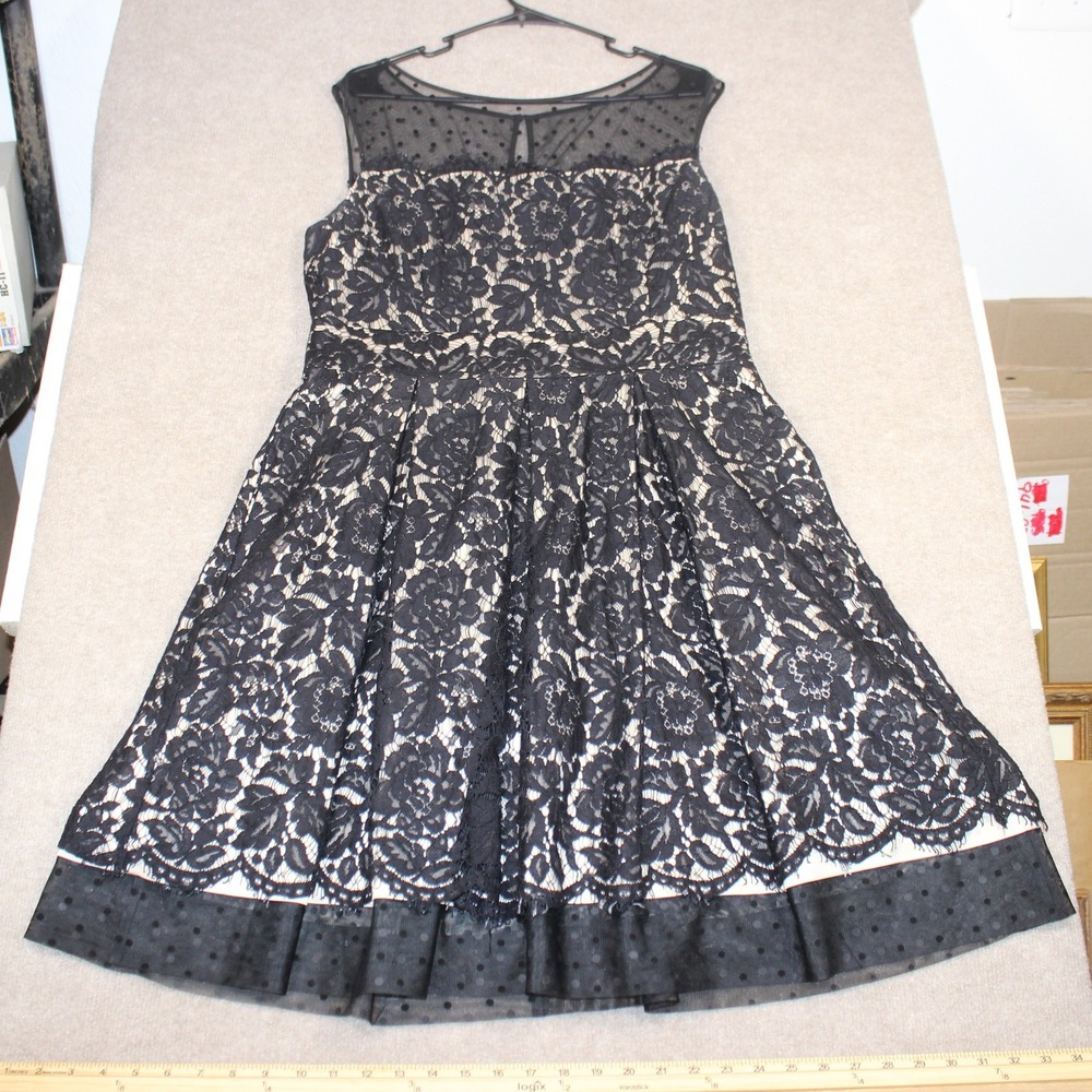 Eliza J Black Floral Lace Polka Dot Mesh Fit Flare Dress Size 16 Cocktail Event
